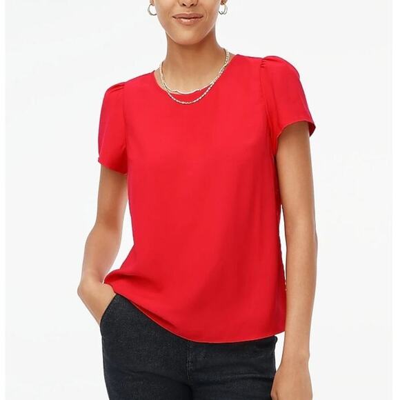 J. Crew Factory Top Short Puff Sleeve Keyhole Back Crepe Candy Apple Red NWT 2X - Picture 1 of 8